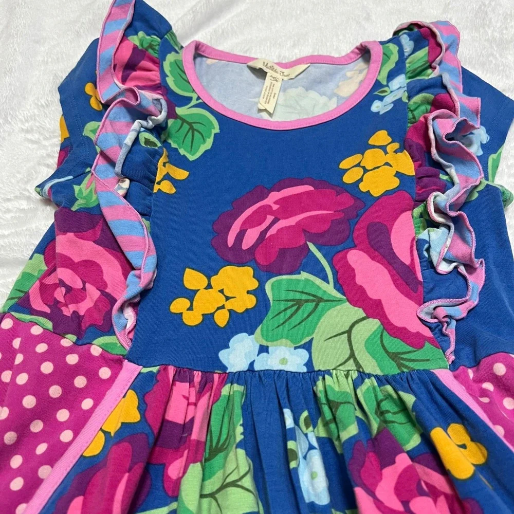 Matilda Jane Girls Blue Floral Ruffle Pocket Dress Size 10 Pink Rose Polka Dot